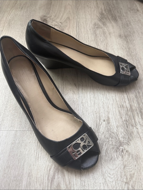 Coach Shoes - Coach Black Peep-Toe Wedge Pumps with Silver Logo Accent